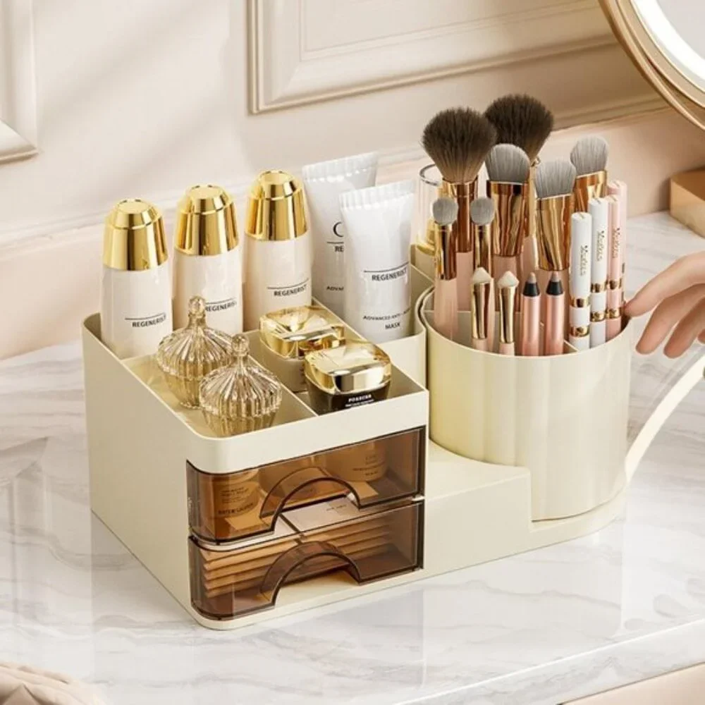 New Cream Makeup Organizer, 2-Drawer Vanity Storage with Rotating Brush Holder